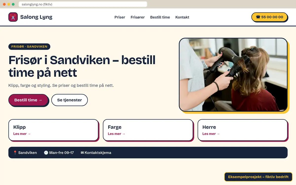 Etter: moderne nettside for Salong Lyng (fiktiv bedrift)