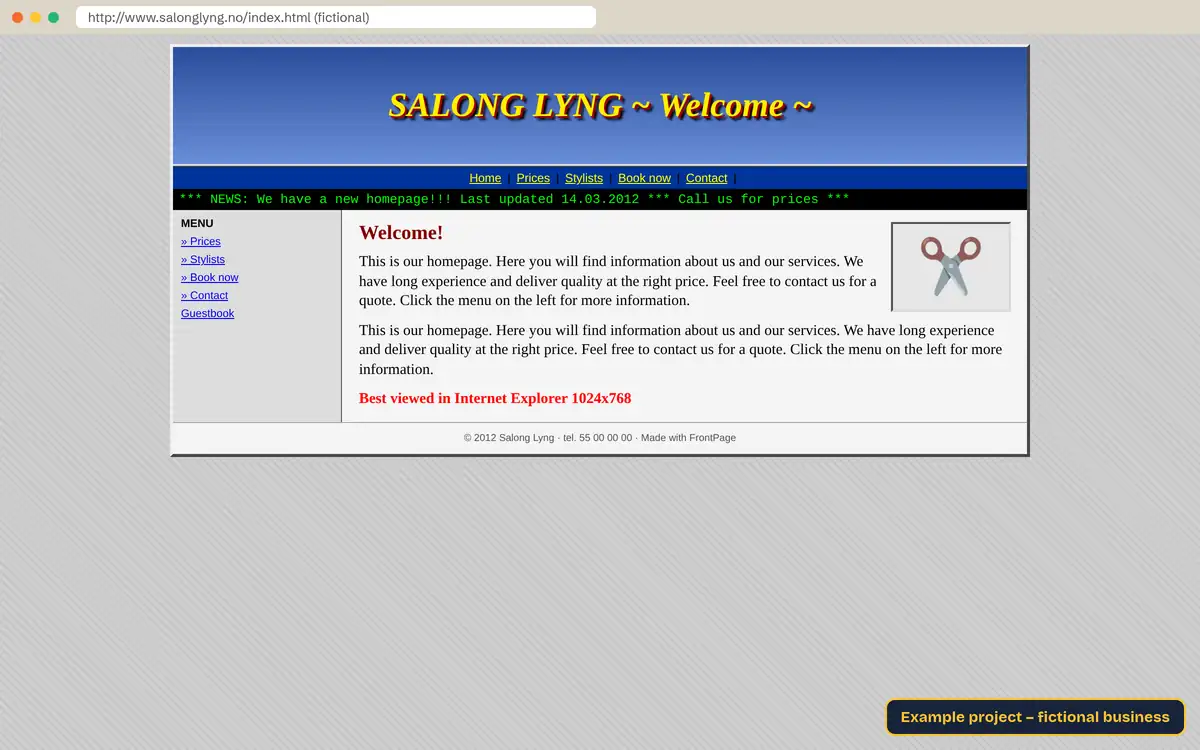 Before: dated website for Salong Lyng (fictional business)