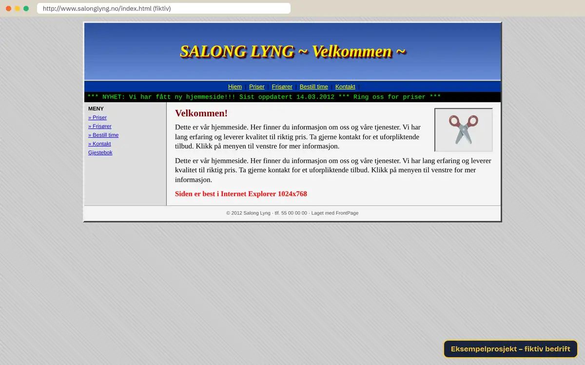 Før: utdatert nettside for Salong Lyng (fiktiv bedrift)