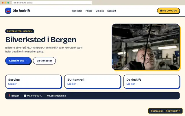 Illustrasjon: nettside for bilverksted (fiktiv bedrift)