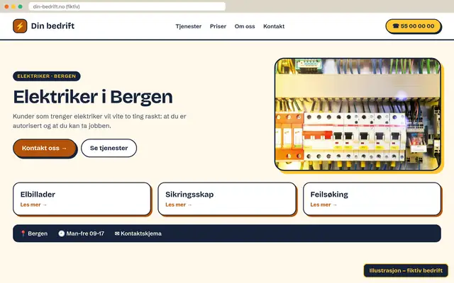 Illustrasjon: nettside for elektriker (fiktiv bedrift)