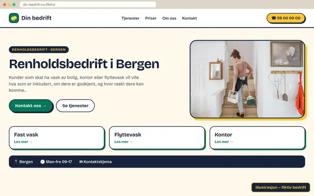 Illustrasjon: nettside for renholdsbedrift (fiktiv bedrift)
