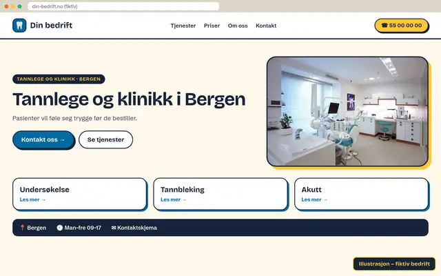 Illustrasjon: nettside for tannlege og klinikk (fiktiv bedrift)